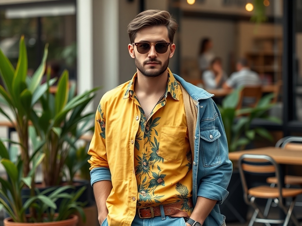 Tânăr cu o cămașă galbenă cu motive florale și o jachetă de jean, stând printre plante într-un café.