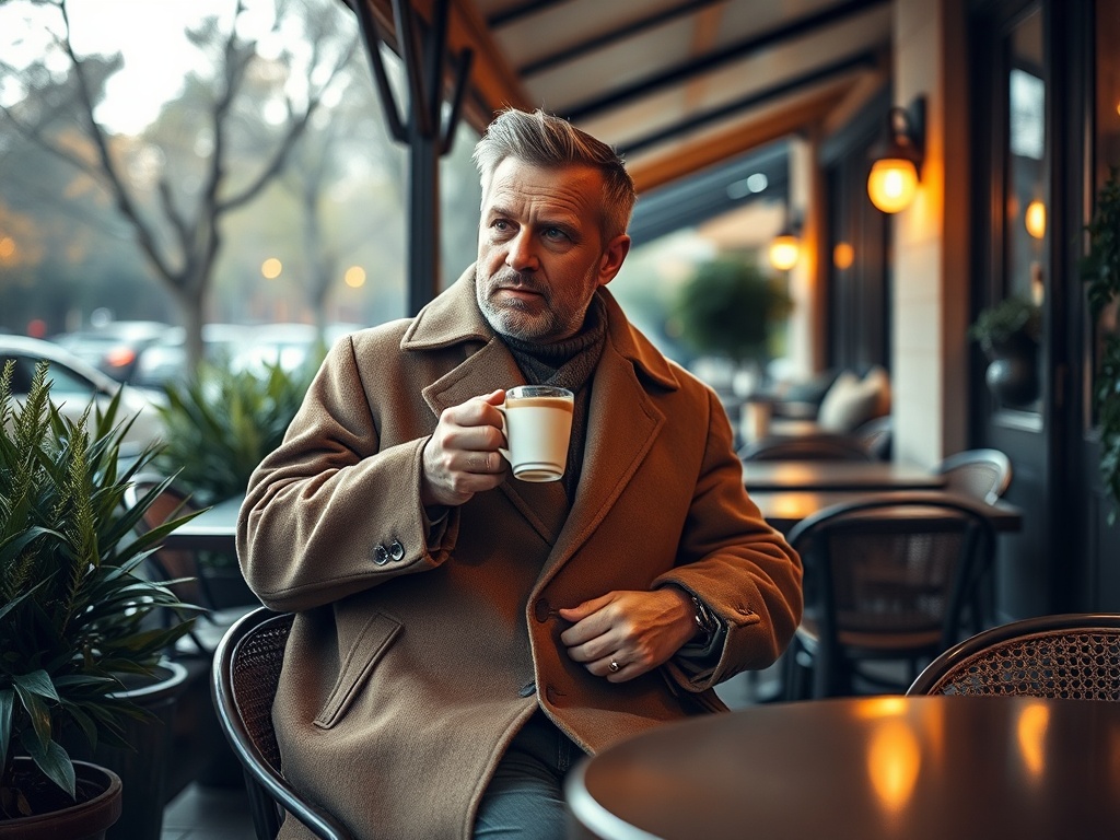 Un bărbat cu păr cărunt stă într-o cafenea, ținând o cană de cafea, având o expresie contemplativă.