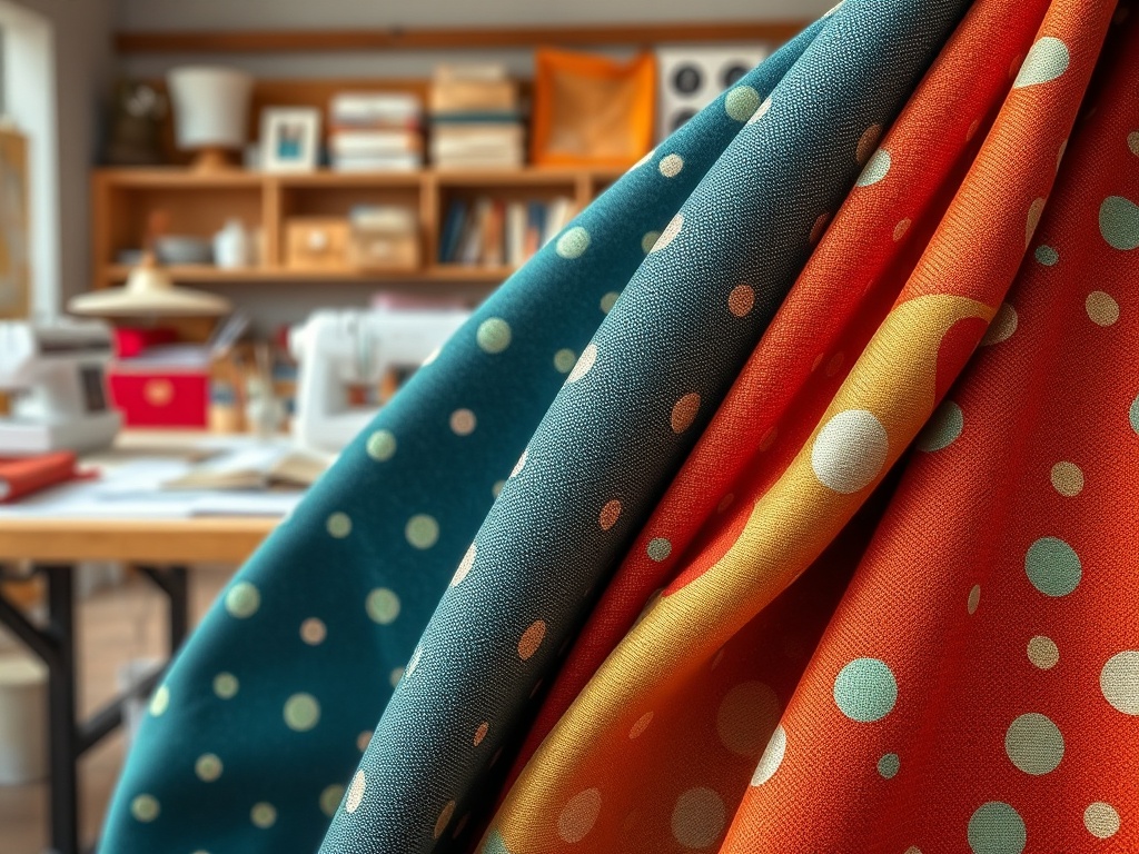 Materiale textile colorate cu buline, într-un atelier de cusut bine organizat în fundal.