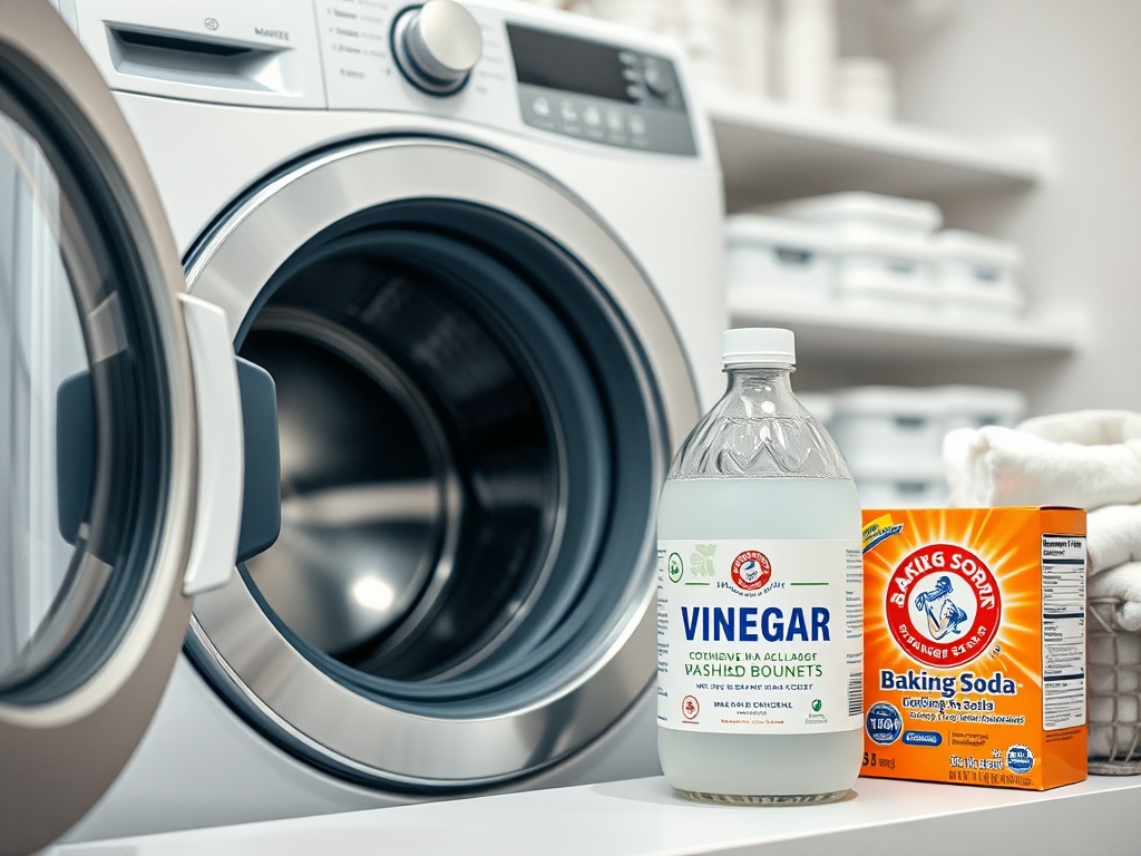 O mașină de spălat cu detergent deținută, o sticlă de oțet și o cutie de bicarbonat de sodiu pe masa din spate.